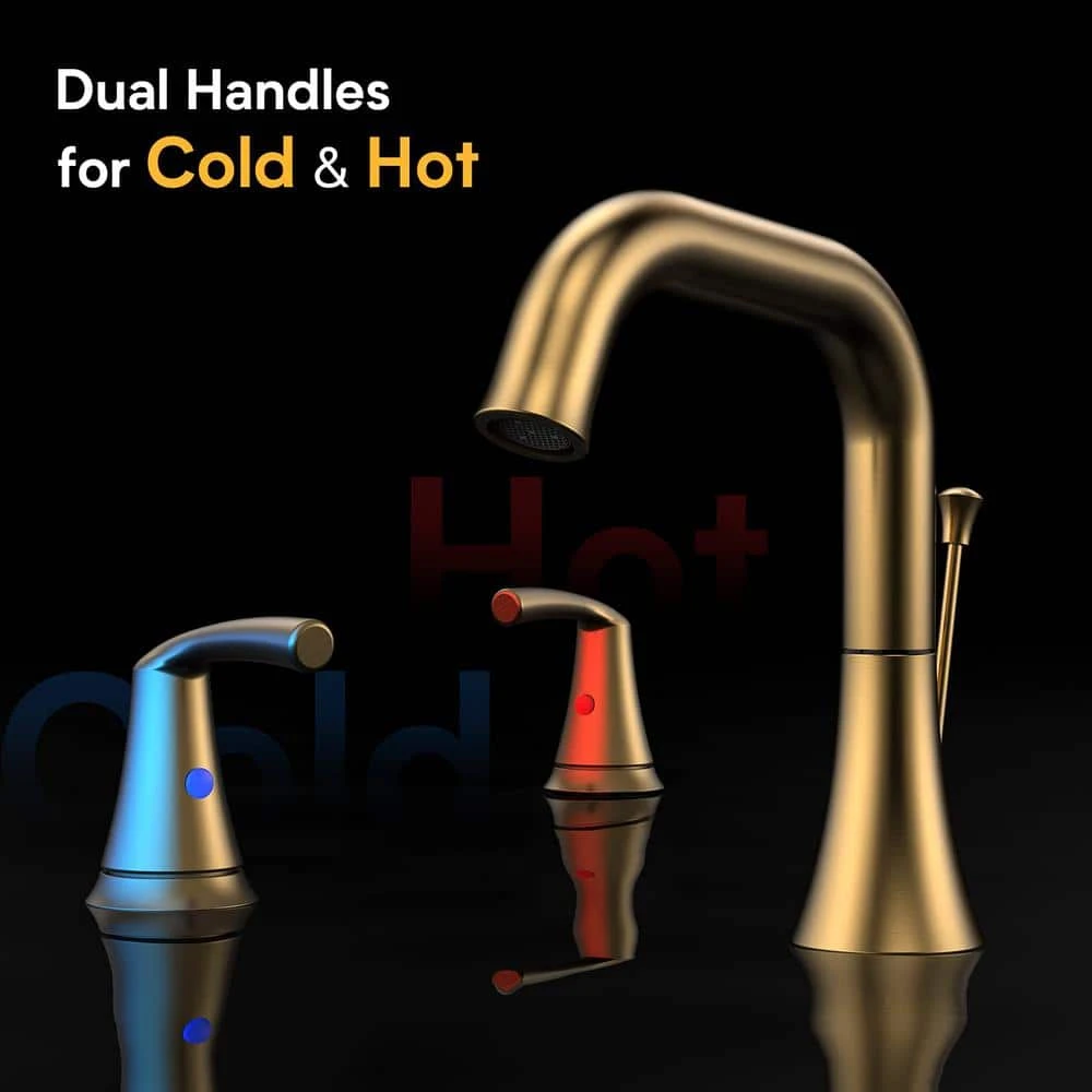 8 In. Widespread Double Handle Bathroom Faucet With Lift-Rod Drain Lavatory Bathroom Vanity Sink Faucet In Brushed Gold 3 8 In. Widespread Double Handle Bathroom Faucet With Lift-Rod Drain Lavatory Bathroom Vanity Sink Faucet In Brushed Gold - Image 3