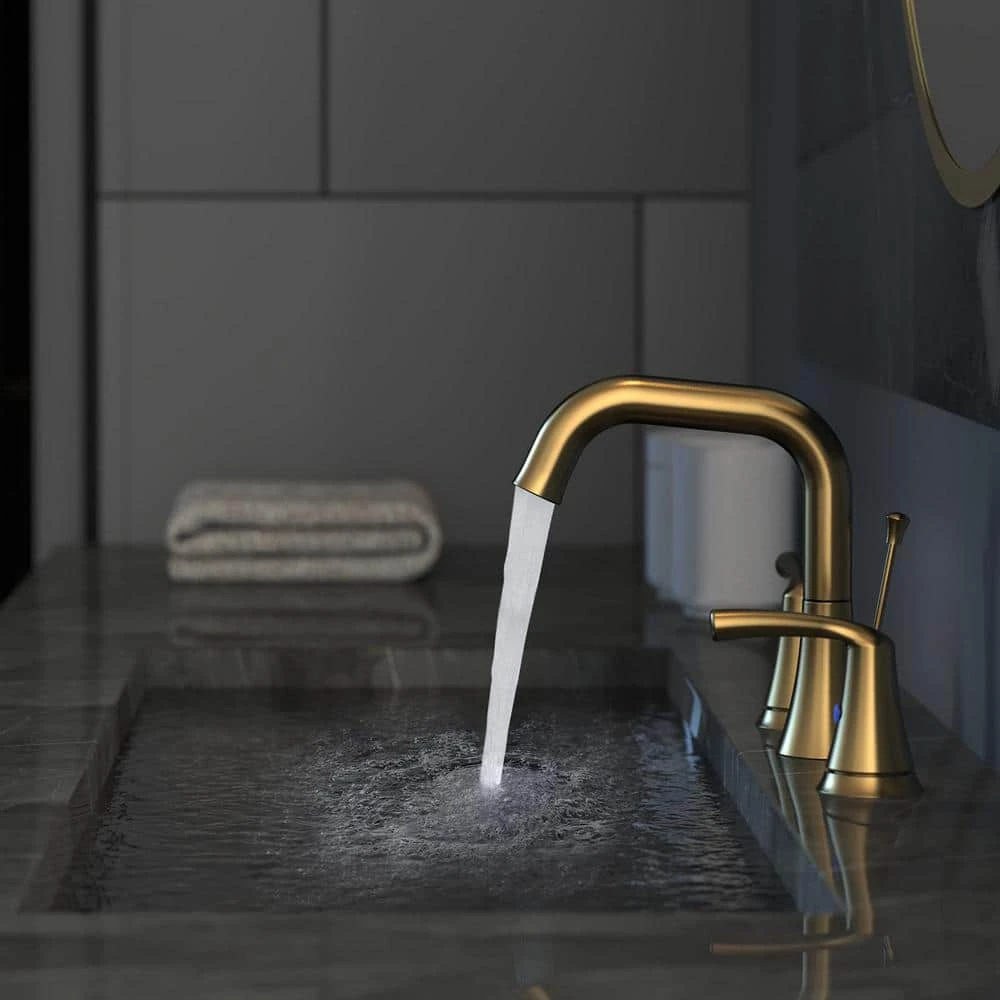 8 In. Widespread Double Handle Bathroom Faucet With Lift-Rod Drain Lavatory Bathroom Vanity Sink Faucet In Brushed Gold 1 8 In. Widespread Double Handle Bathroom Faucet With Lift-Rod Drain Lavatory Bathroom Vanity Sink Faucet In Brushed Gold