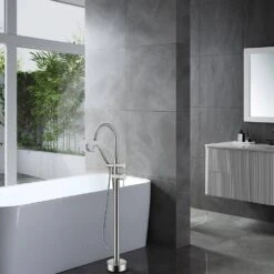 Double Lever Handle Freestanding Tub Filler Bathtub Faucet With Hand Held Shower In Brushed Nickel -FURITURE SALE SHOP brushed nickel claw foot tub faucets w122453466 kxc 31 1000