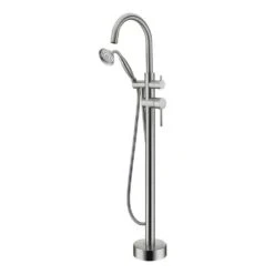Double Lever Handle Freestanding Tub Filler Bathtub Faucet With Hand Held Shower In Brushed Nickel