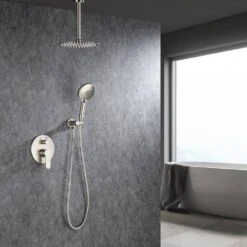 3-Spray Patterns With 2.5 GPM 12 In. Ceiling Mounted Dual Shower Heads Shower System Mix Set In Brushed Nickel 15 3-Spray Patterns With 2.5 GPM 12 In. Ceiling Mounted Dual Shower Heads Shower System Mix Set In Brushed Nickel -FURITURE SALE SHOP brushed nickel dual shower heads pzz 96205 bn kxc 31 1000