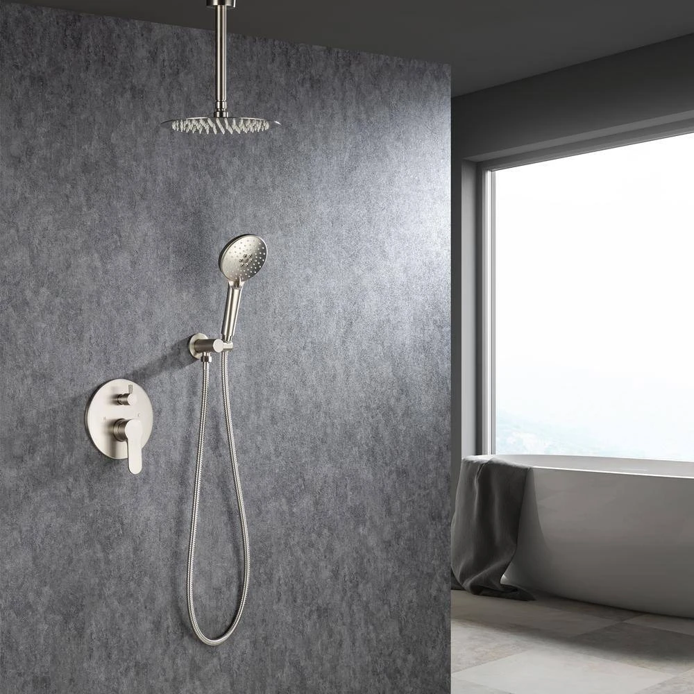 3-Spray Patterns With 2.5 GPM 12 In. Ceiling Mounted Dual Shower Heads Shower System Mix Set In Brushed Nickel 8 3-Spray Patterns With 2.5 GPM 12 In. Ceiling Mounted Dual Shower Heads Shower System Mix Set In Brushed Nickel - Image 8