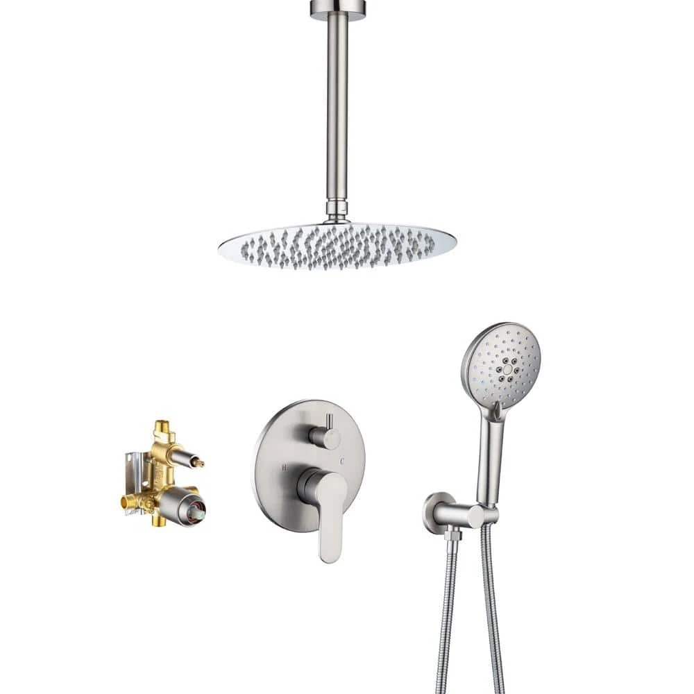 3-Spray Patterns With 2.5 GPM 12 In. Ceiling Mounted Dual Shower Heads Shower System Mix Set In Brushed Nickel 1 3-Spray Patterns With 2.5 GPM 12 In. Ceiling Mounted Dual Shower Heads Shower System Mix Set In Brushed Nickel