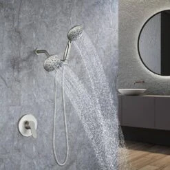 Modern 5-Spray Patterns With 2.5 GPM 4.68 In. Wall Mount Dual Shower Heads With 71 In. Shower Hose In Brushed Nickel -FURITURE SALE SHOP brushed nickel dual shower heads pzz rx96106bn zq 66 1000