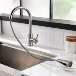 Single Handle Touch Sensor Gooseneck Pull Down Sprayer Kitchen Faucet In Brushed Nickel -FURITURE SALE SHOP brushed nickel pull down kitchen faucets q xy cp1069n 44 1000