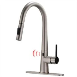 Single Handle Pull Down Sprayer Kitchen Faucet Touchless With Deck Plate In Brushed Nickel