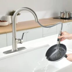 Single Handle Pull Down Sprayer Kitchen Faucet Touchless With Deck Plate In Brushed Nickel -FURITURE SALE SHOP brushed nickel pull down kitchen faucets x xy is1308 33ygnb 1d 70us 76 1000