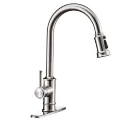 Single-Handle 3 Ways Setting Gooseneck Pull Out Sprayer Kitchen Faucet With Deckplate Included In Brushed Nickel