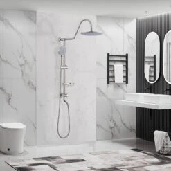 5-Spray Patterns 8 In. 2.5 GPM Rain Wall Mount Dual Shower Heads With Handheld Shower System In Brushed Nickel 19 5-Spray Patterns 8 In. 2.5 GPM Rain Wall Mount Dual Shower Heads With Handheld Shower System In Brushed Nickel -FURITURE SALE SHOP brushed nickel tahanbath dual shower heads kt ct 121961282 31 1000