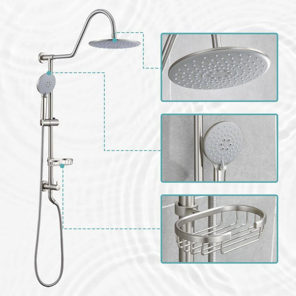 5-Spray Patterns 8 In. 2.5 GPM Rain Wall Mount Dual Shower Heads With Handheld Shower System In Brushed Nickel 5 5-Spray Patterns 8 In. 2.5 GPM Rain Wall Mount Dual Shower Heads With Handheld Shower System In Brushed Nickel - Image 5
