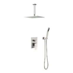 1-Spray 12 In. Dual Shower Head System Ceiling Mounted Shower 2.5 GPM In Brushed Nickel