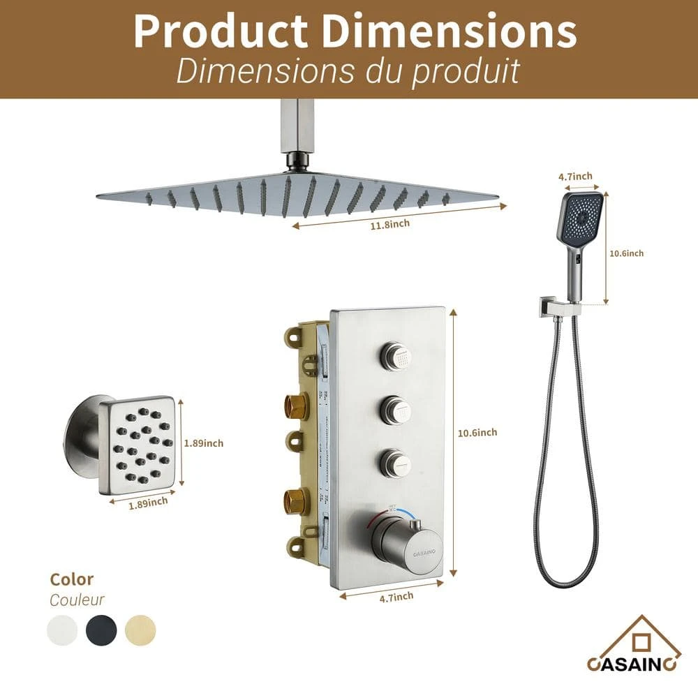 3-Spray 1.8 GPM 12 In. Ceiling Mount Dual Square Handheld Shower Set In Brushed Nickel 7 3-Spray 1.8 GPM 12 In. Ceiling Mount Dual Square Handheld Shower Set In Brushed Nickel - Image 7
