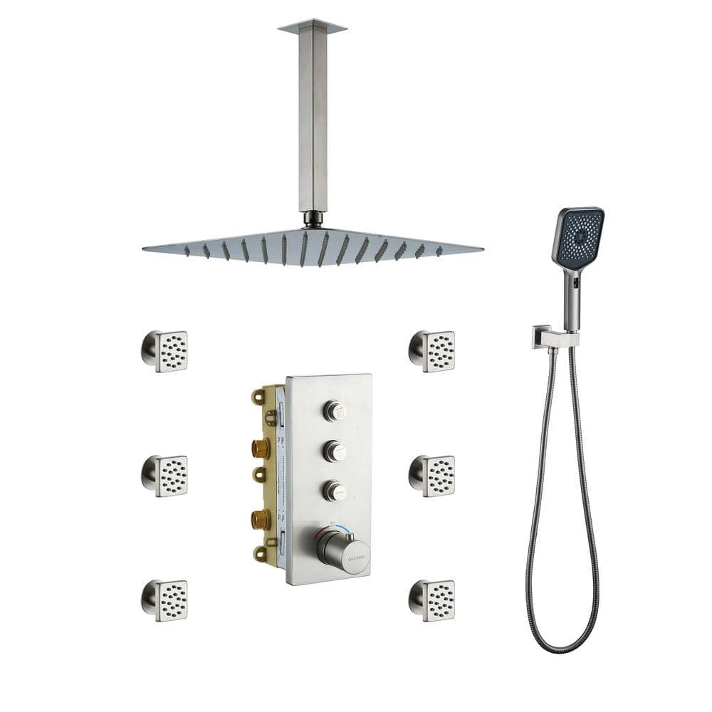 3-Spray 1.8 GPM 12 In. Ceiling Mount Dual Square Handheld Shower Set In Brushed Nickel 1 3-Spray 1.8 GPM 12 In. Ceiling Mount Dual Square Handheld Shower Set In Brushed Nickel