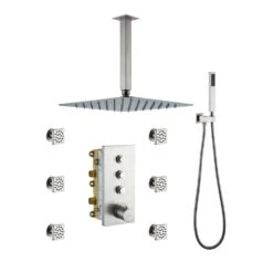 1-Spray 1.8 GPM High Pressure Ceiling Mount Dual Shower Head/Handheld Shower Combo In Brushed Nickel