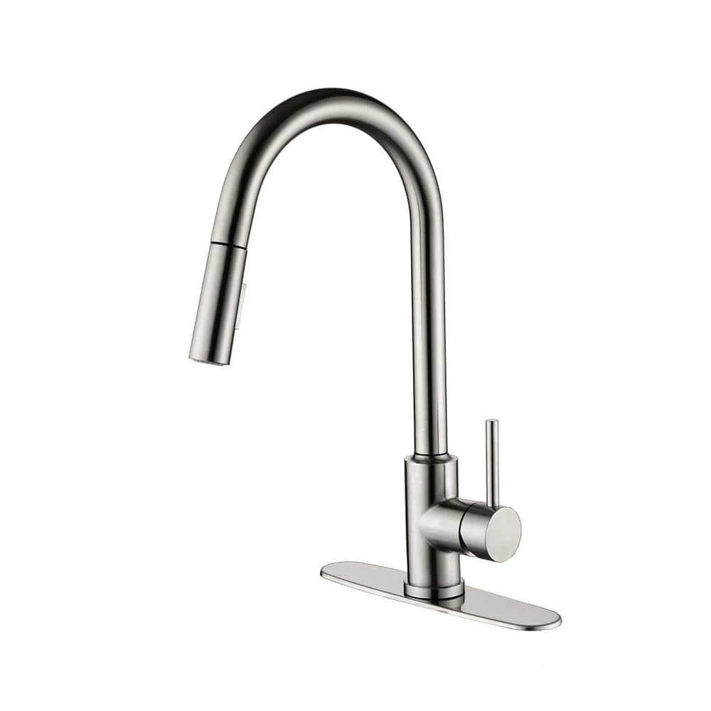 Deck Mount High-Arc Kitchen Faucet With Pull Down Sprayer In Brushed Nickel 1 Deck Mount High-Arc Kitchen Faucet With Pull Down Sprayer In Brushed Nickel