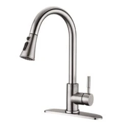 Single Handle Deck Mount Gooseneck Pull Down Sprayer Kitchen Faucet With Deckplate In Brushed Nickel