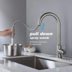 Single Handle Wall Mount Gooseneck Pull Down Sprayer Kitchen Faucet With Deckplate Included And Handle In Brushed Nickel -FURITURE SALE SHOP brushed nickel tahanbath pull down kitchen faucets w928 th9001ns zq 1f 1000