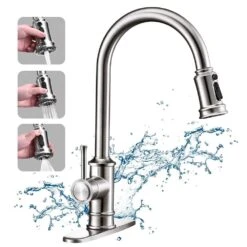 17.7 In 360° Spout Swivel Kitchen Faucet: 3-Mode Pull-Down Sprayer In Brushed Nickel