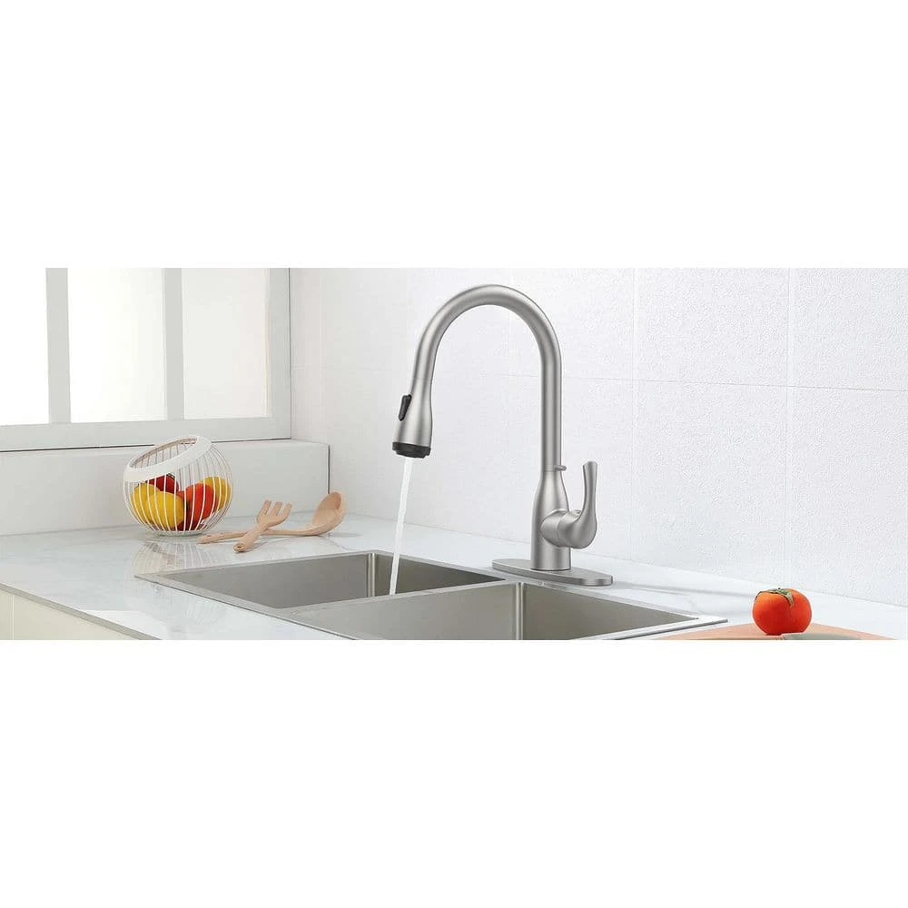 15.74 In. Kitchen Faucet With Pull Down Sprayer And 4-Spraying Modes Brushed Nickel 1 Or 3 Hole 360° Spout Swivel 6 15.74 In. Kitchen Faucet With Pull Down Sprayer And 4-Spraying Modes Brushed Nickel 1 Or 3 Hole 360° Spout Swivel - Image 6