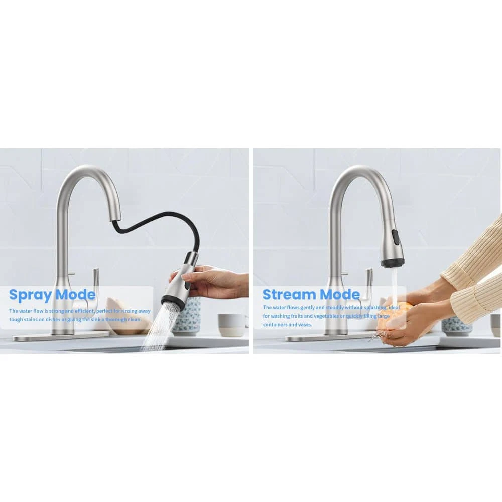 15.74 In. Kitchen Faucet With Pull Down Sprayer And 4-Spraying Modes Brushed Nickel 1 Or 3 Hole 360° Spout Swivel 3 15.74 In. Kitchen Faucet With Pull Down Sprayer And 4-Spraying Modes Brushed Nickel 1 Or 3 Hole 360° Spout Swivel - Image 3