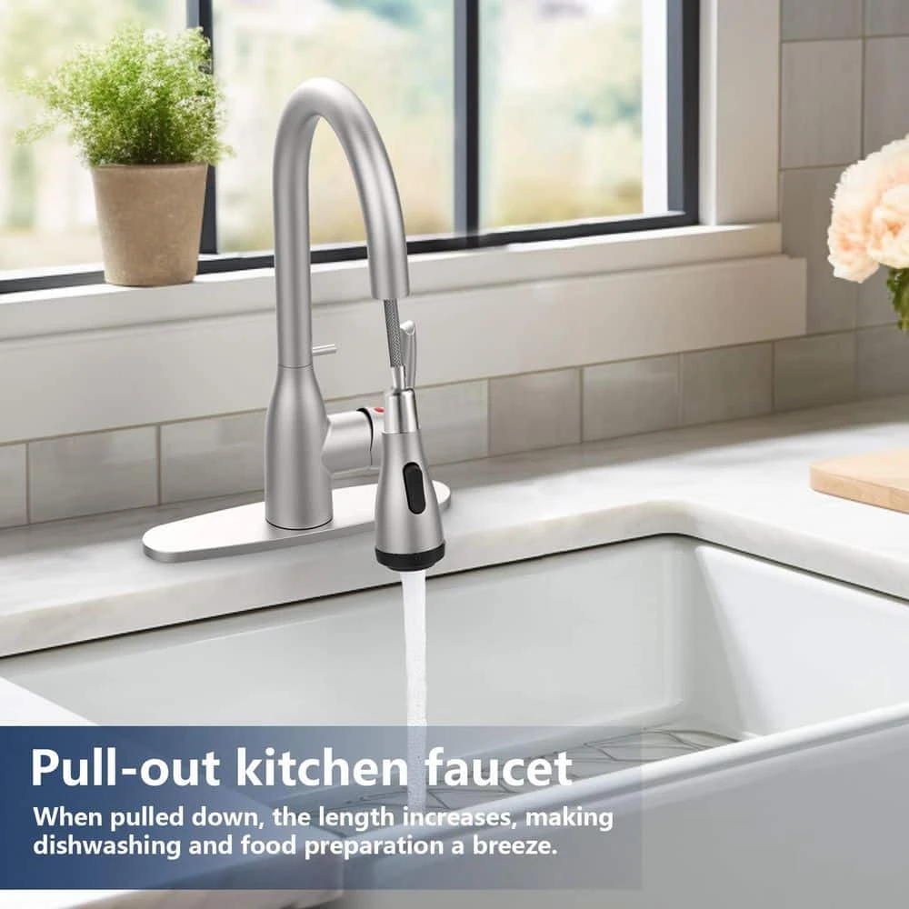 15.74 In. Kitchen Faucet With Pull Down Sprayer And 4-Spraying Modes Brushed Nickel 1 Or 3 Hole 360° Spout Swivel 4 15.74 In. Kitchen Faucet With Pull Down Sprayer And 4-Spraying Modes Brushed Nickel 1 Or 3 Hole 360° Spout Swivel - Image 4