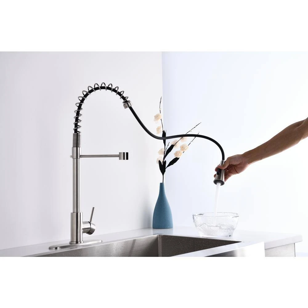 Brushed Nickle Single Handle Commercial Modern Spring High Arc Kitchen Faucet 4 Brushed Nickle Single Handle Commercial Modern Spring High Arc Kitchen Faucet - Image 4