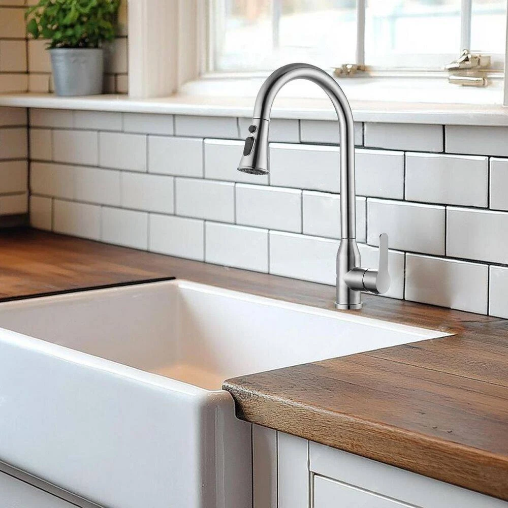 8.85 In Single Handle Stainless Steel Brushed Nickle Kitchen Faucets With 360° Spout Swivel Pull Down Sprayer 7 8.85 In Single Handle Stainless Steel Brushed Nickle Kitchen Faucets With 360° Spout Swivel Pull Down Sprayer - Image 7