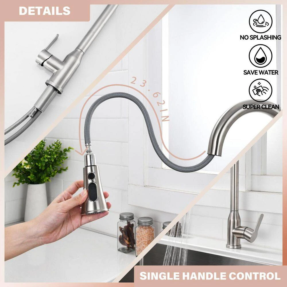 8.85 In Single Handle Stainless Steel Brushed Nickle Kitchen Faucets With 360° Spout Swivel Pull Down Sprayer 4 8.85 In Single Handle Stainless Steel Brushed Nickle Kitchen Faucets With 360° Spout Swivel Pull Down Sprayer - Image 4