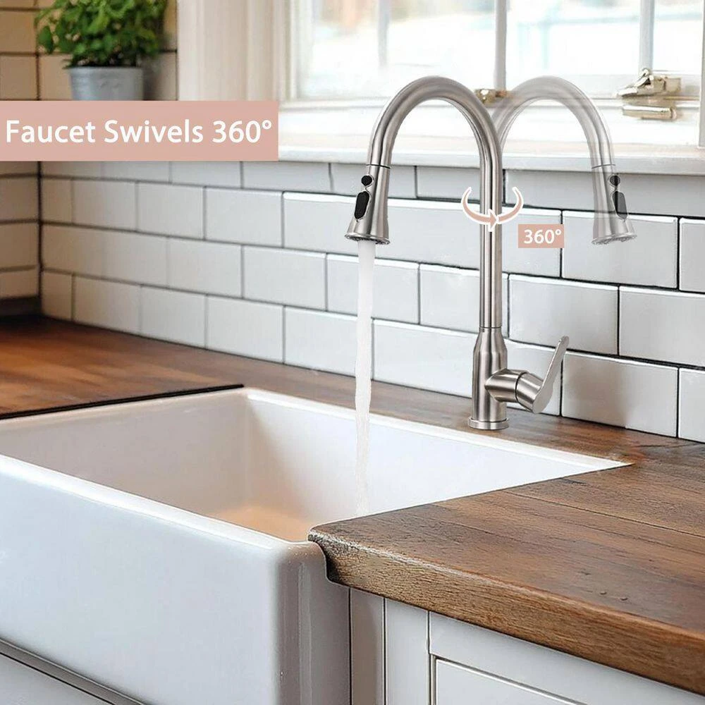 8.85 In Single Handle Stainless Steel Brushed Nickle Kitchen Faucets With 360° Spout Swivel Pull Down Sprayer 2 8.85 In Single Handle Stainless Steel Brushed Nickle Kitchen Faucets With 360° Spout Swivel Pull Down Sprayer - Image 2