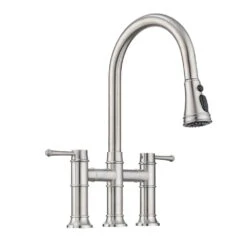Double Handle Pull Down Sprayer Kitchen Faucet In Brushed Nickel