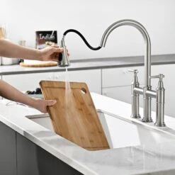 3 Hole Brushed Nickel Bridge Kitchen Faucet With Pull Down Sprayer, 2 Handle Faucet For Kitchen Sinks -FURITURE SALE SHOP brushed nickel tahanbath pull down kitchen faucets z w1932p186913 31 1000