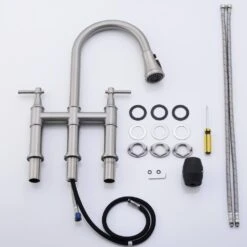 3 Hole Brushed Nickel Bridge Kitchen Faucet With Pull Down Sprayer, 2 Handle Faucet For Kitchen Sinks -FURITURE SALE SHOP brushed nickel tahanbath pull down kitchen faucets z w1932p186913 44 1000