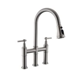3 Hole Brushed Nickel Bridge Kitchen Faucet With Pull Down Sprayer, 2 Handle Faucet For Kitchen Sinks