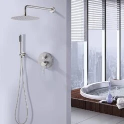 2-Handle 1-Spray Round Faucet With 10 In. Rain Shower Headand Handheld Shower Head Set Valve Included In Brushed Nickel -FURITURE SALE SHOP brushed nickel tahanbath shower faucets ms a3584 bn kxc 31 1000