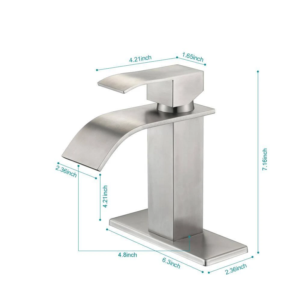 Waterfall Spout Single Handle Bathroom Sink Faucet In Brushed Nickel 6 Waterfall Spout Single Handle Bathroom Sink Faucet In Brushed Nickel - Image 6