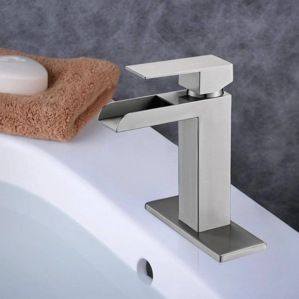 Single Handle Wall Mounted Bathroom Faucet With Deck Plate & Overflow Pop Up Drain In Brushed Nickel 2 Single Handle Wall Mounted Bathroom Faucet With Deck Plate & Overflow Pop Up Drain In Brushed Nickel - Image 2