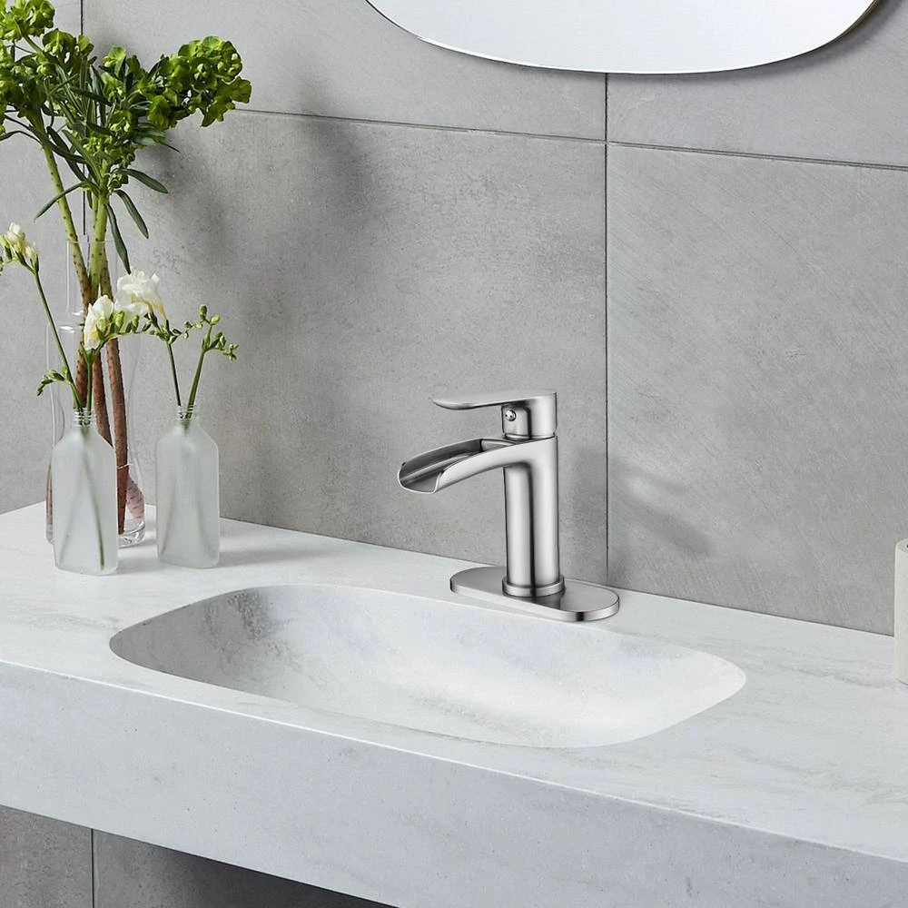 Single Handle Wall Mounted Bathroom Faucet With Deck Plate And Overflow Pop Up Drain In Brushed Nickel 8 Single Handle Wall Mounted Bathroom Faucet With Deck Plate And Overflow Pop Up Drain In Brushed Nickel - Image 8