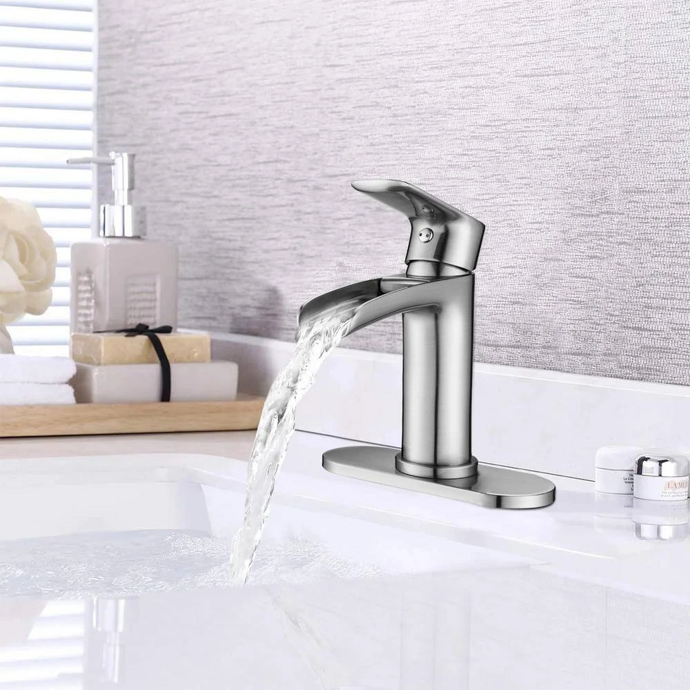 Single Handle Wall Mounted Bathroom Faucet With Deck Plate And Overflow Pop Up Drain In Brushed Nickel 2 Single Handle Wall Mounted Bathroom Faucet With Deck Plate And Overflow Pop Up Drain In Brushed Nickel - Image 2