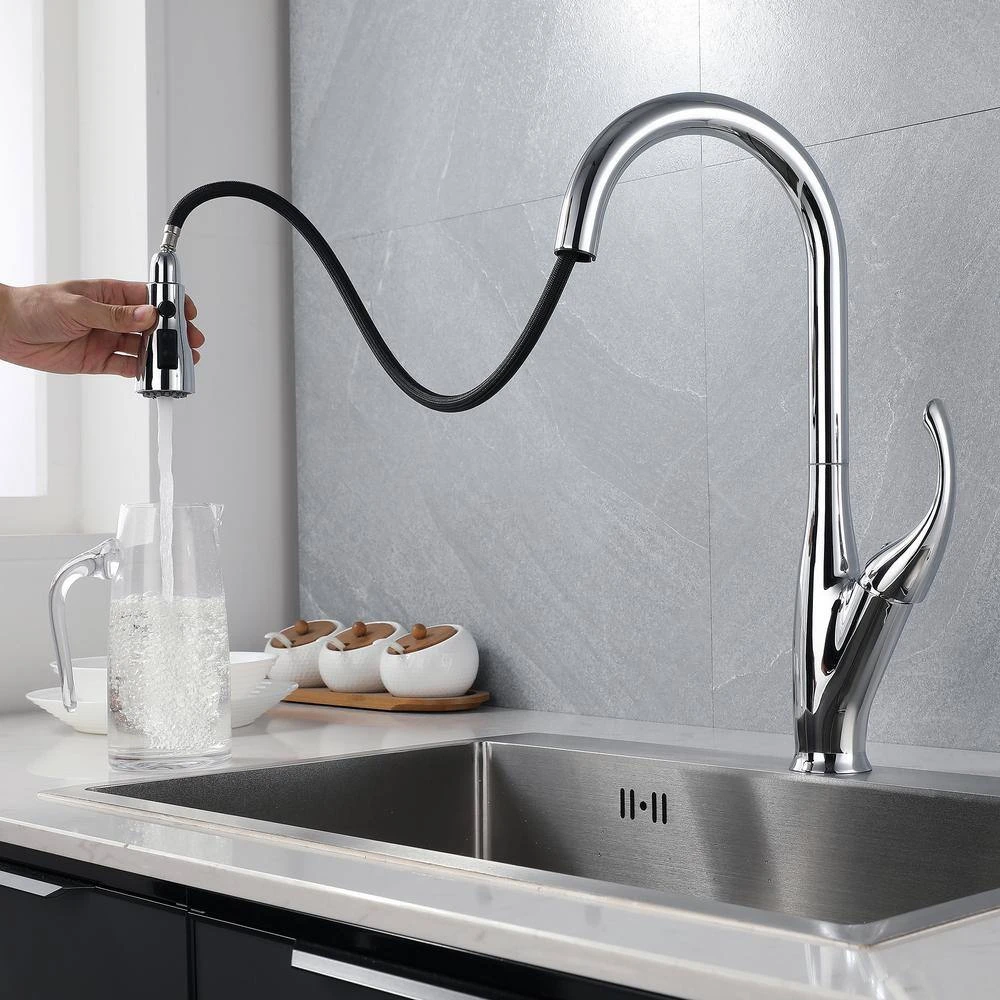 Single Handle Pull Down Sprayer Kitchen Faucet 360-Degree Swivel Kitchen Faucet In Chrome 7 Single Handle Pull Down Sprayer Kitchen Faucet 360-Degree Swivel Kitchen Faucet In Chrome - Image 7