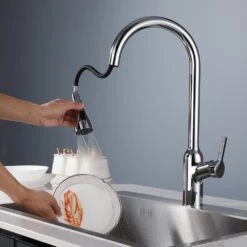 Single Handle Pull Down Sprayer Kitchen Faucet With Gooseneck In Chrome -FURITURE SALE SHOP chrome pull down kitchen faucets x nk0606 44 1000