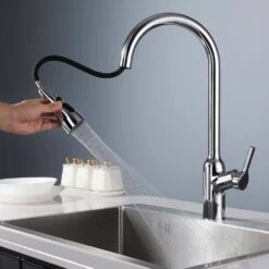 Single Handle Pull Down Sprayer Kitchen Faucet With Gooseneck In Chrome -FURITURE SALE SHOP chrome pull down kitchen faucets x nk0606 fa 1000