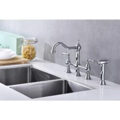 8 Inch Double Handle Bridge Kitchen Faucet With Brass Side Sprayer 2 Handles 4 Holes Deck-Mount In Brushed Chrome -FURITURE SALE SHOP chrome tahanbath bridge kitchen faucets y w928 50278 76 1000