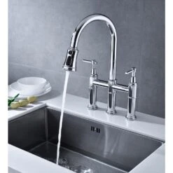 Single Handle Bridge Kitchen Faucet With Pull-Down Sprayhead In Spot In Chrome -FURITURE SALE SHOP chrome tahanbath bridge kitchen faucets y w92850245 44 1000
