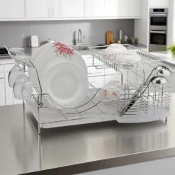 2-Tier Silver Stainless Steel Standing Dish Rack With Chrome-Plated