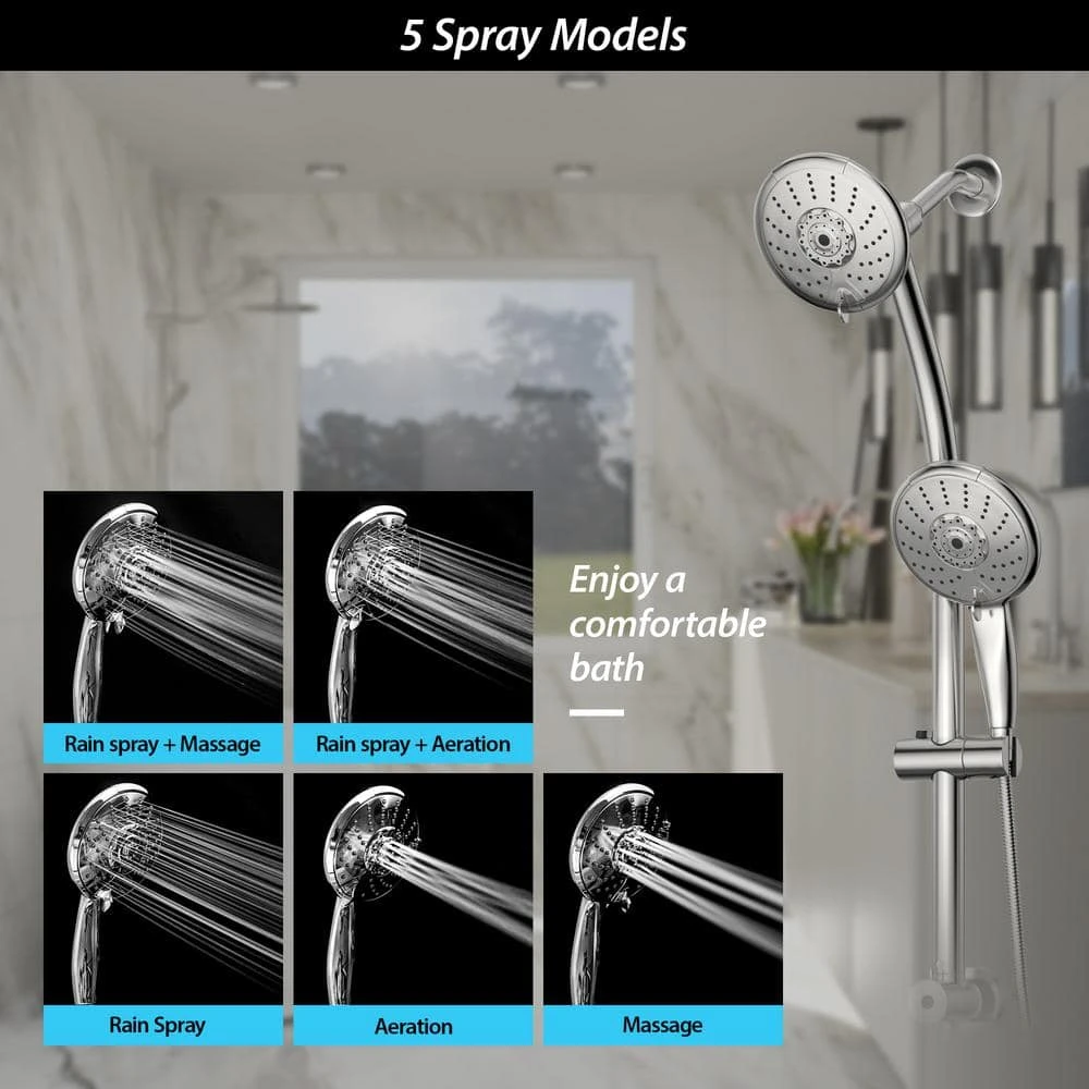 5-spray Dual 5 In. Wall Mount 1.8 GPM Shower Head And Handheld Shower Head In Chrome 6 5-spray Dual 5 In. Wall Mount 1.8 GPM Shower Head And Handheld Shower Head In Chrome - Image 6