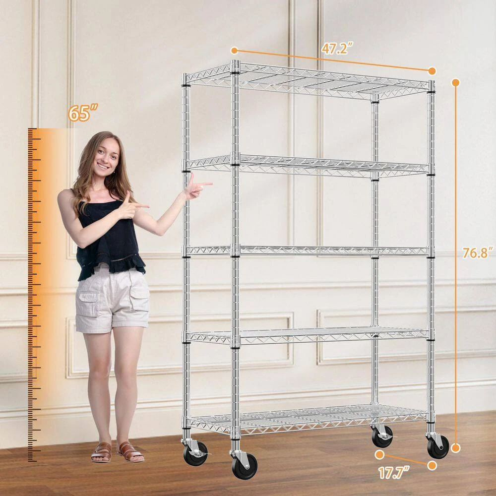 6-Tier Chrome Steel Storage Shelving Unit With Wheels-17.7 In. D X 47.2 In. W X 76.7 In. H 5 6-Tier Chrome Steel Storage Shelving Unit With Wheels-17.7 In. D X 47.2 In. W X 76.7 In. H - Image 5