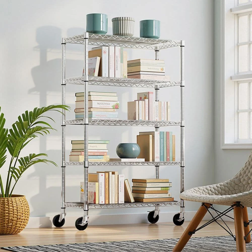 6-Tier Chrome Steel Storage Shelving Unit With Wheels-17.7 In. D X 47.2 In. W X 76.7 In. H 1 6-Tier Chrome Steel Storage Shelving Unit With Wheels-17.7 In. D X 47.2 In. W X 76.7 In. H