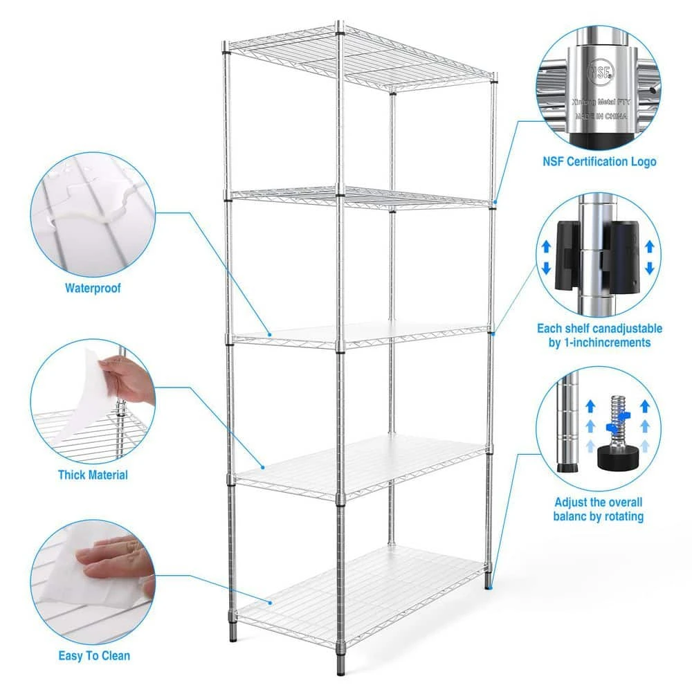 5 Tier Shelf Wire Shelving Unit-5T-1636-C-LKJ, 72H In Chrome 3 5 Tier Shelf Wire Shelving Unit-5T-1636-C-LKJ, 72H In Chrome - Image 3