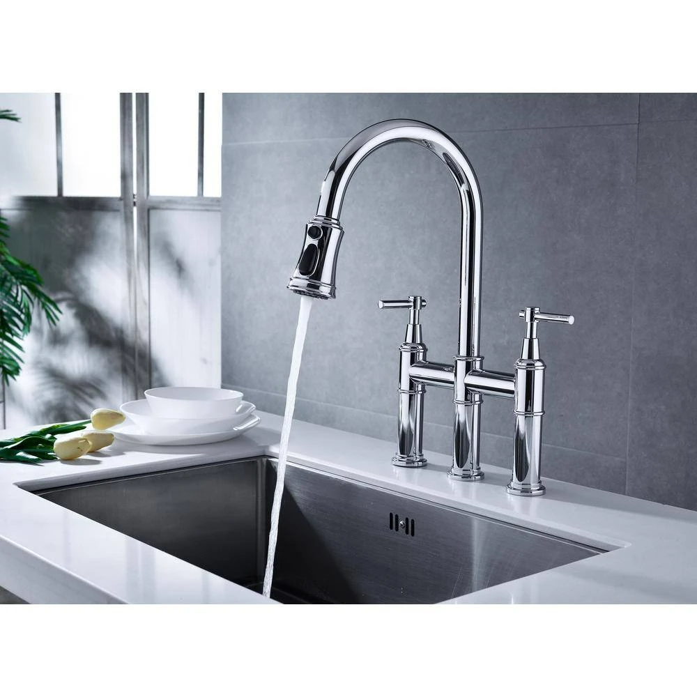 Double Handle Pull Down Sprayer Kitchen Faucet In Chrome 5 Double Handle Pull Down Sprayer Kitchen Faucet In Chrome - Image 5