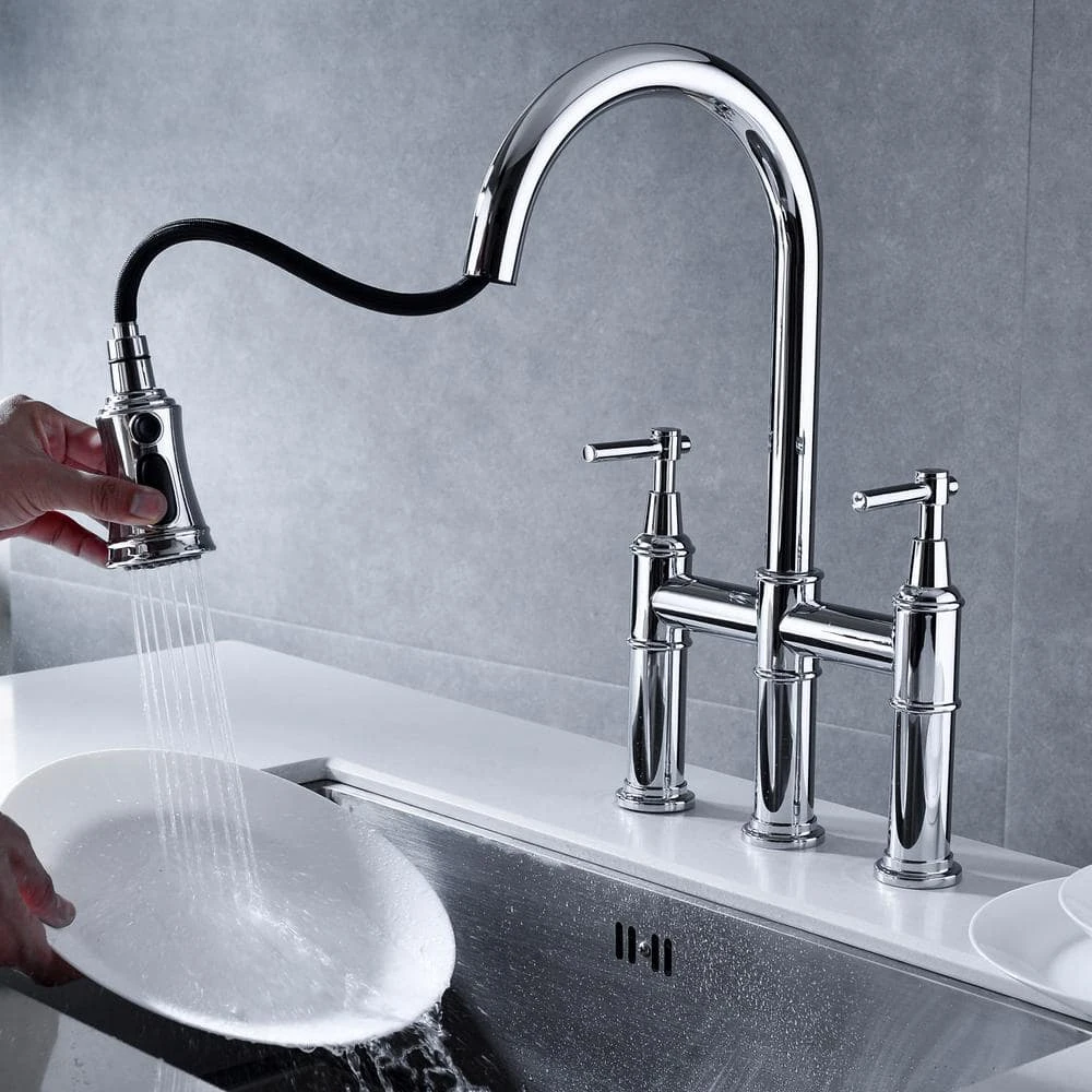 Double Handle Pull Down Sprayer Kitchen Faucet In Chrome 3 Double Handle Pull Down Sprayer Kitchen Faucet In Chrome - Image 3